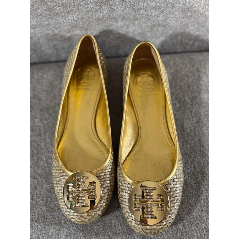 Tory Burch Reva Ballet Flats Womens 7M Gold Woven Raffia Logo Medallion Preppy
